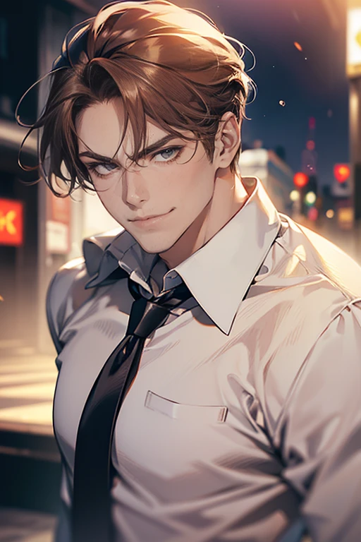 (tmasterpiece, high resolution, ultra - detailed:1.0), (1 male, masculine face, 31 years, CEO), Perfect male body, tall and strong, Adult male, Delicate eyes and delicate face, Extremely detailed CG, Unity 8k wallpaper, Complicated details, Detailed face, (short brown hair, short hair, smile in love faces, blur eyes, white shirts,), (frown, smile in love:1.3), stad in corporativo, empresa, escritório style, color difference, Depth of field, dramatic shadow, Ray tracing, Best quality, Cinematic lighting, offcial art,Portrait