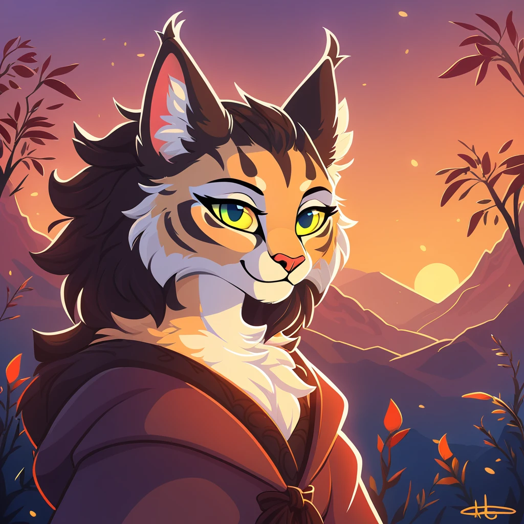 super fluffy Khajiit in dreamworks art style, evening background