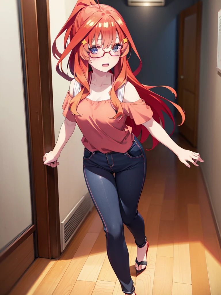 itsukinakano, itsuki nakano, One Woman,bangs, blue eyes, Hair between the eyes, Ahoge, Redhead, star \(symbol\), hair ornaments, star hair ornaments,smile,blush,Open your mouth,ponytail,Red-rimmed glasses,Cold Shoulder Shirt,skinny pants,Stiletto heels,Walking,whole bodyがイラストに入るように,
break indoors, School,廊下
break looking at viewer, whole body,
break (masterpiece:1.2), Highest quality, High resolution, unity 8k wallpaper, (figure:0.8), (Beautiful attention to detail:1.6), Highly detailed face, Perfect lighting, Highly detailed CG, (Perfect hands, Perfect Anatomy),