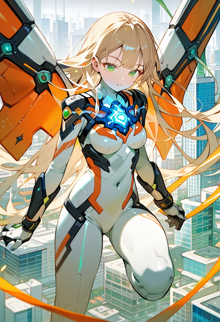 (best quality),female,Sala,original,blonde hair ,green eyes,(((white bodysuit))),orange stripes clothes,ultragirl,city,giant girl,BREAK,She has her wrists crossed in front of her chest.
Her fingers are outstretched.ultra-detailed,sharp focus,aesthetic, score_9, score_8_up, score_7_up,source_anime,