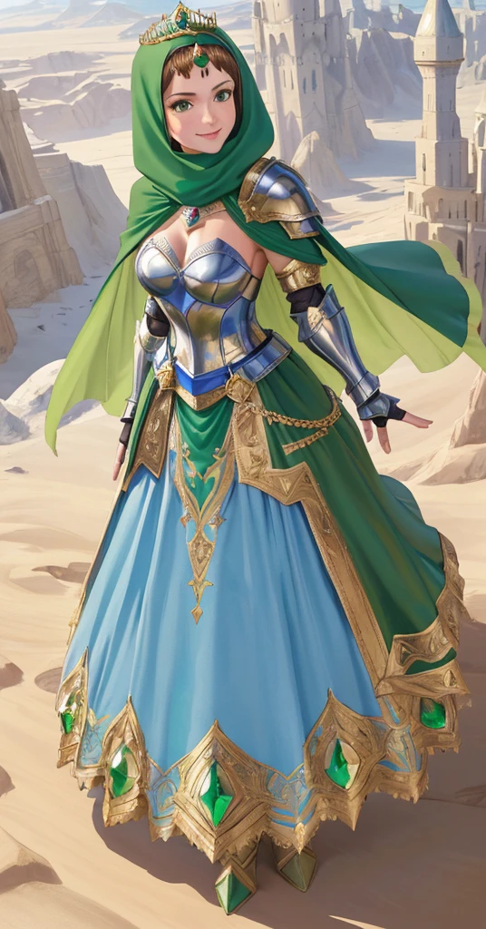 masterpiece, best quality:1.2), 1girl, smile, looking at viewer, green eyes, short brown hair, princess, armor, blue hijab headscarf, pauldrons, armored dress, green cloak cape, wearing puffy blue ballgown skirt, golden tiara with green gem, armored boots, fingerless gloves, standing in front of desert castle
