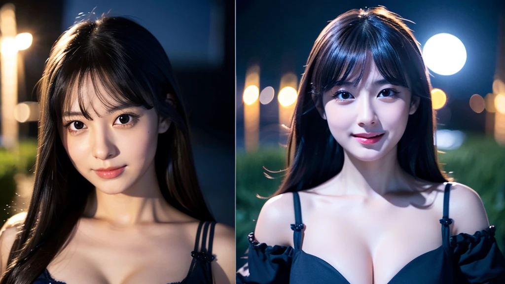 A very beautiful moonlit night、A woman with a very cute face like an idol、Cleavage、Facial depictions indistinguishable from real-life imageasterpiece