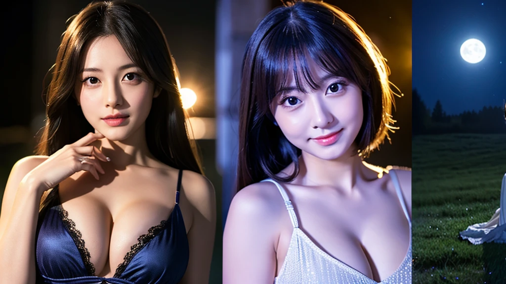 A very beautiful moonlit night、A woman with a very cute face like an idol、Cleavage、Facial depictions indistinguishable from real-life imageasterpiece