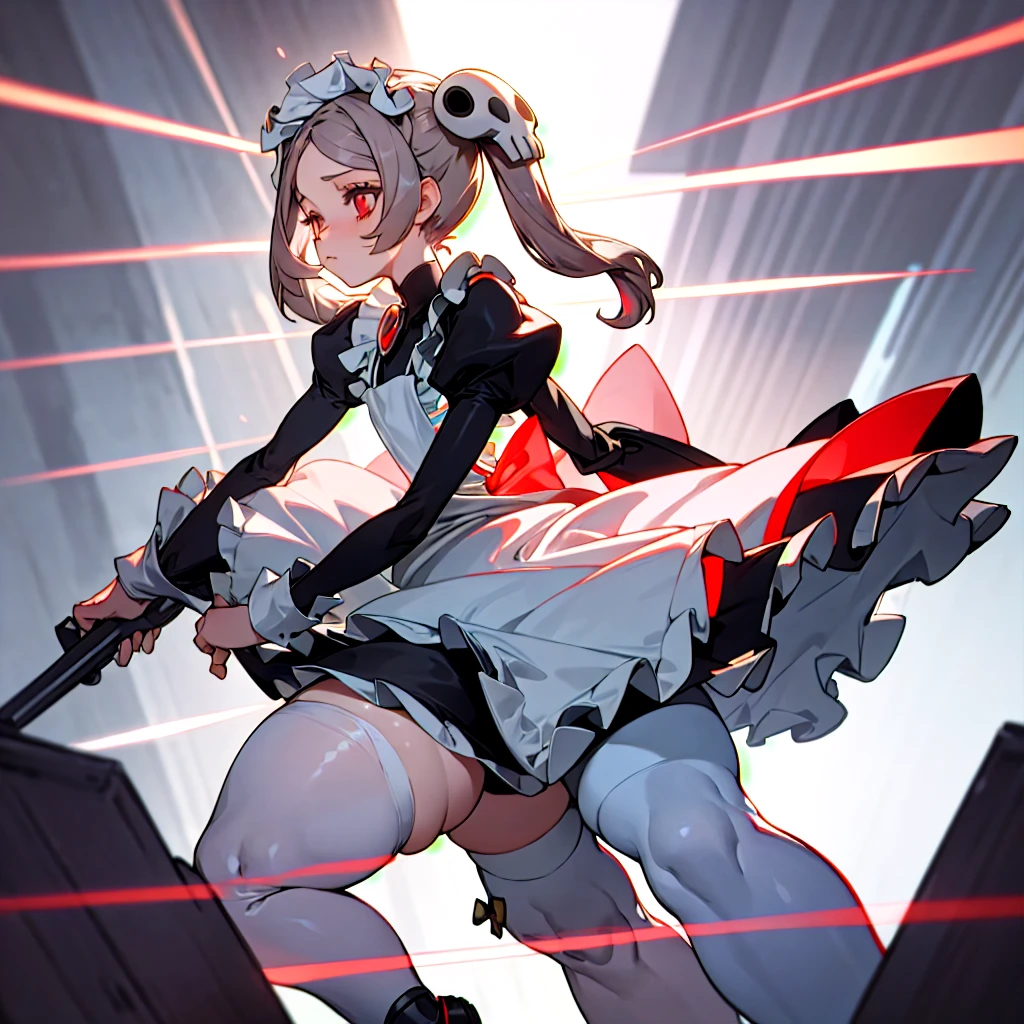 1girl, solo, indoors, skg_marie, maid, maid apron, maid headdress, twin tails, skull hair ornament, red brooch, juliet sleeves, black shoes, white thigh high stockings, light rays, glow, (masterpiece), highlight thighs, thick thighs, highlight buttocks, (front view), (solo portrait)
