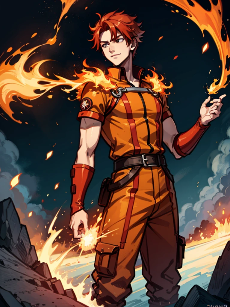 A young man，Red hair，flame，Cheerful，Sunlight，Orange clothes，brave，Fire Element，confidence，Standing，Ultra HD，Handsome，Mage