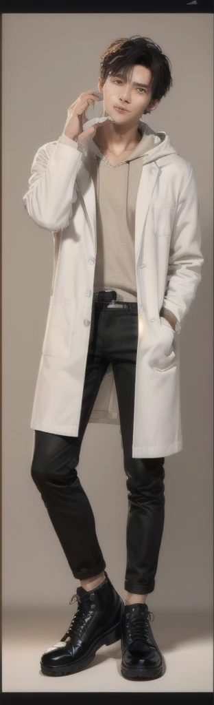 (photorealistic:1.2), (high detail face:1.3), (high detail hands:1.3), (anatomically correct hands:1.2), handsome young asian man, Japanese idol style, short clean-cut hair, ((center part)), (crisp white lab coat:1.3), ((black hoodie underneath:1.2)), (black pants:1.2), (black shoes:1.2), calm confident expression, (holding a product in right hand:1.3), (pointing with left index finger:1.3), explaining pose, plain white background, mid-shot portrait, full body view, high quality, detailed, 8K, (realistic skin texture:1.2), (sharp focus:1.1), (contrast between white coat and black clothing:1.2)
