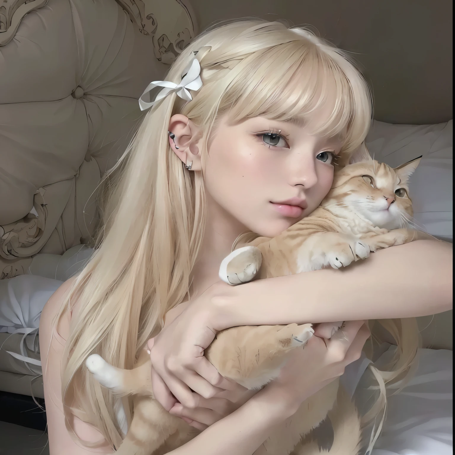blond haired Chica holding a gato in her arms, very beautiful cute gatoChica, beautiful young gatoChica, blanco gato Chica, attractive gato Chica, blanco ( gato ) Chica, beautiful anime gatoChica, long blanco hair and bangs, very beautiful anime gato Chica, with blanco long hair, Chica with gato ears, anime Chica in real life, anime Chica with gato ears