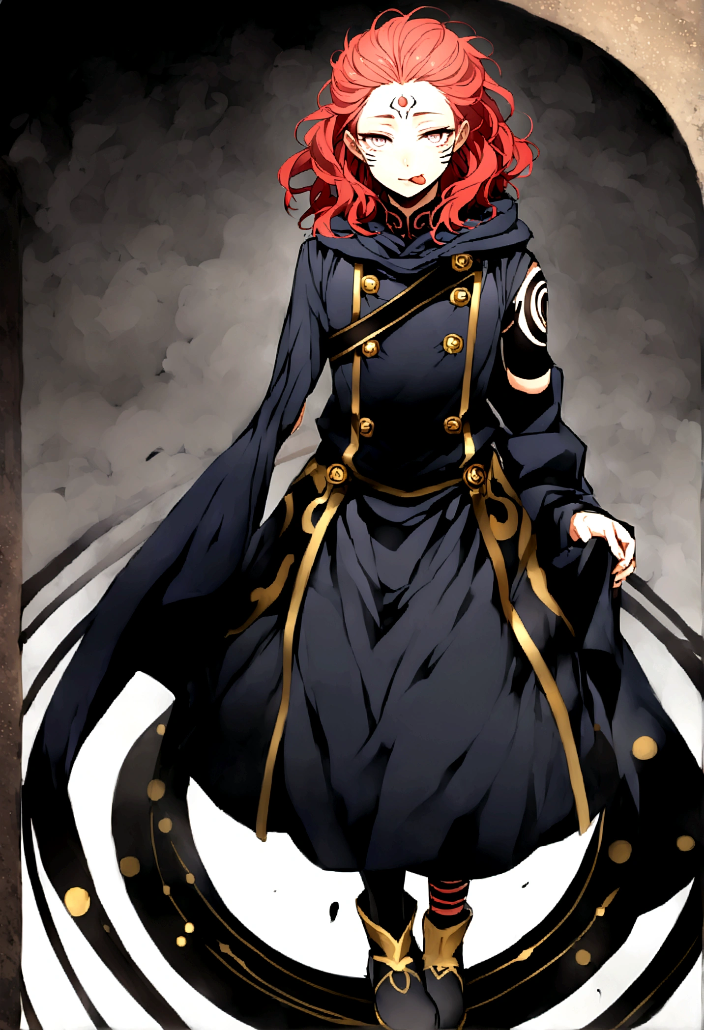 short red hair not too far below the shoulder but not too far above the shoulder, wavy hair, a dark blue jujutsu outfit with gold buttons, a dark blue hood, the sleeves of the clothing at the hem were wide and long but did not go past the hand and the bottom hem of the clothing was mid-thigh, and was divided by the buttons, wore a well-glued black legging, a not-so-high dark blue ankle boot, completely white eyes without iris or pupil, I wasn&#39;t a human despite my appearance but I was a curse just like sukuna, I had tattoo marks all over my left arm in black and a circle in black, also similar to a tattoo on my tongue.