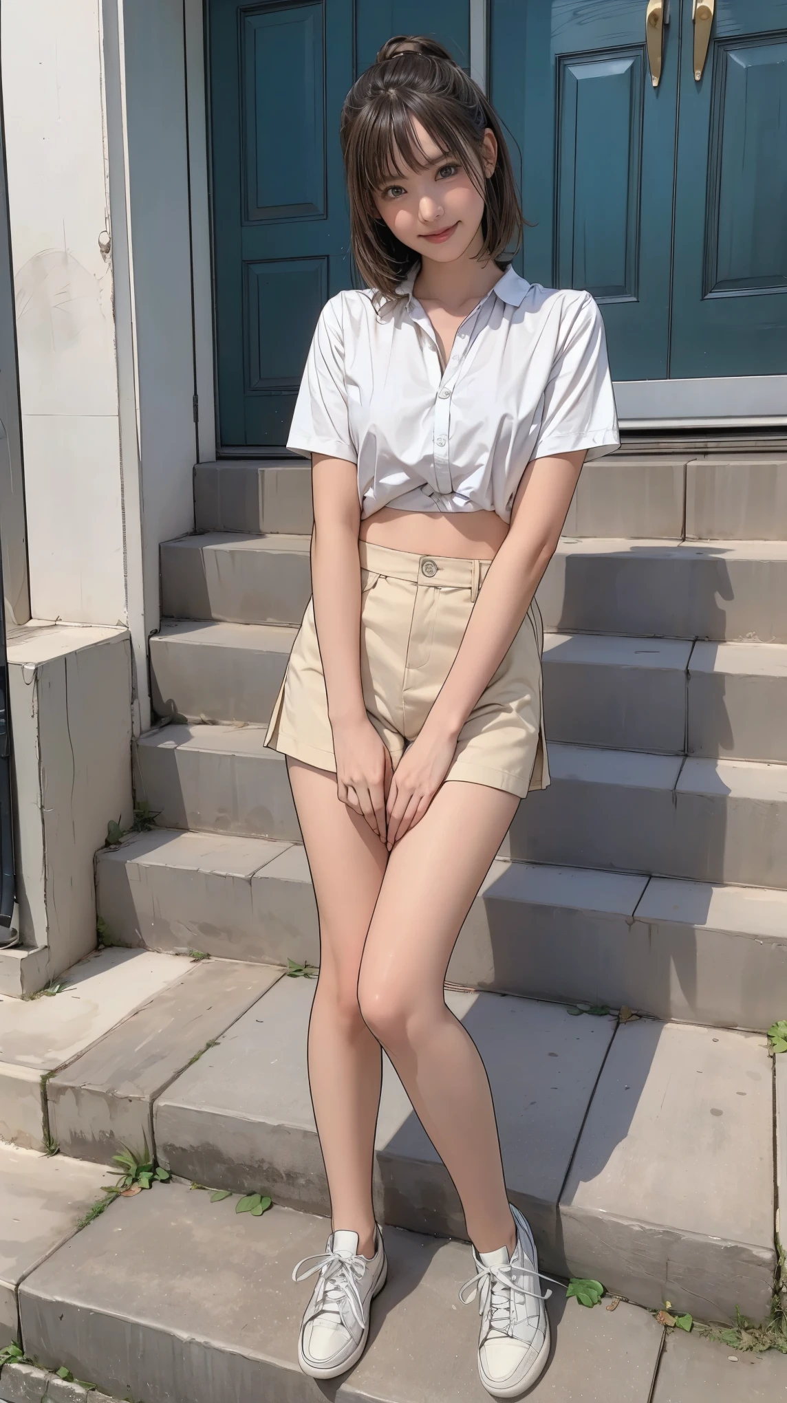 ((masterpiece)),(((Highest quality))),Thin thighs,Long legs,An 18-year-old woman standing on the steps of her school,Japan uniform:1.5,White camellia floral lace bra:1.5,open chest white shirt,The best smile,Short-cut blonde:1.5,short side wave,Wearing stylish sneakers,Spreading her legs