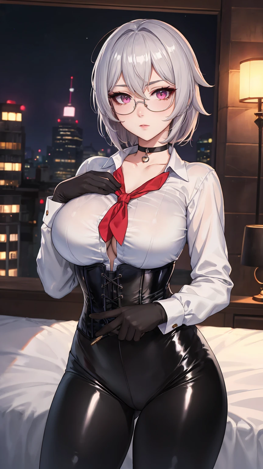 Masterpiece, Beautiful art, professional artist, 8k, detailed body, Very detailed face, very detailed eyes, Detailed clothing, detailed fabric, Best Quality, better resolution, 1 girl, bronya zaychik \(Honkai Impact 3rd\), front view, standing, big breasts, serious expression, At night , short silver hair, glasses, choker:1.6, (white collar button down long sleeve shirt), (shiny black corset), black gloves that cover your hands, (shiny black leggings), looking at the viewer, elegant room, At night