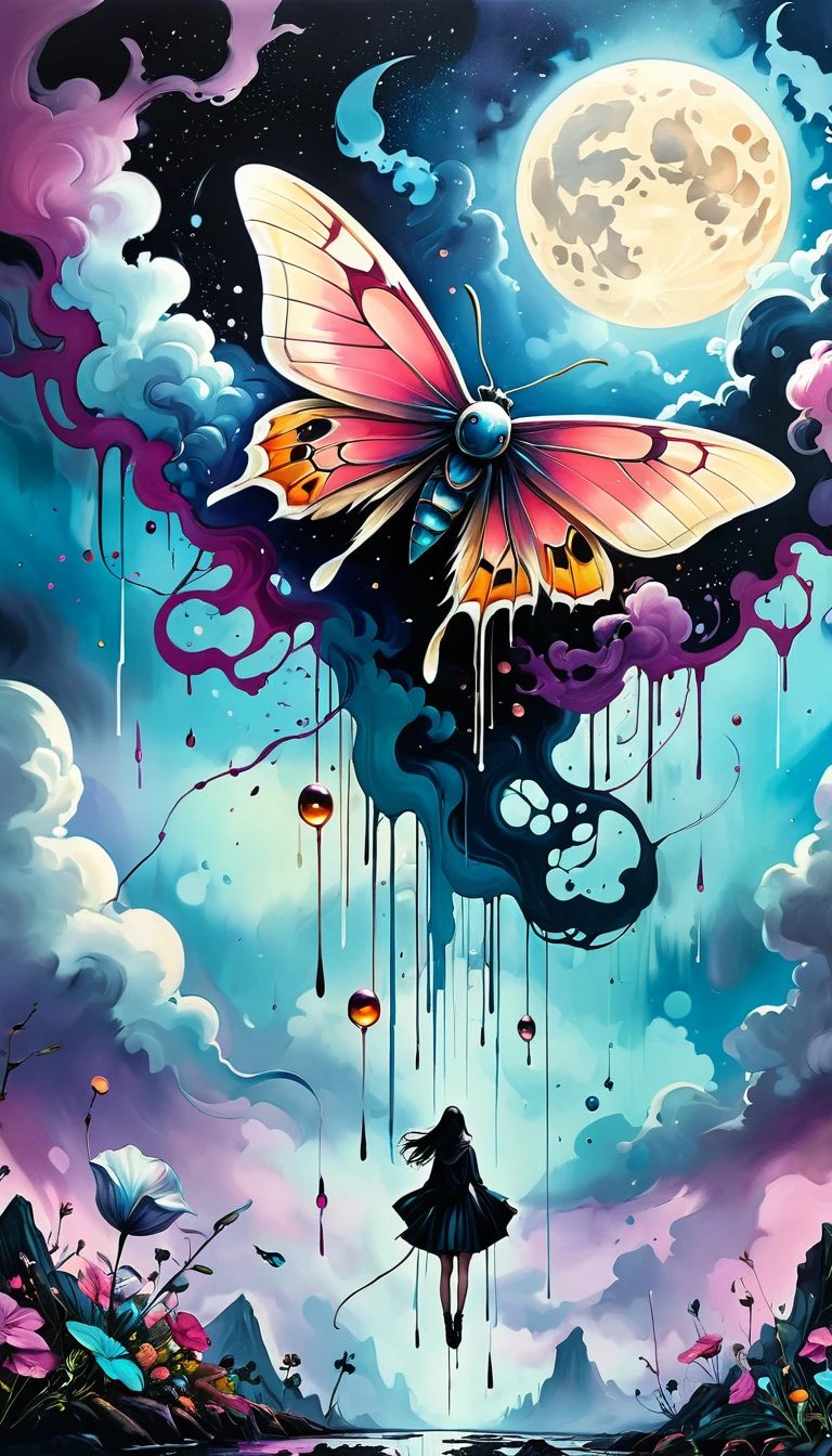 high resolution, high quality , masterpiece .Surrealist ink painting,Colorful, Elements of absurdity and depravity,Ross Chen (ross tran) style of,以燃烧的纸币For reference,Robbie Dewi Antono (Roby Dwi Antono) For reference, ,Moth,Target, mistake, Ghostly Entity Rises Into Neo-Traditional Ink-Dripping Sky, The chiaroscuro lighting enhances the symbolism of death,pill, A moon adorned with eyes that exude breath,Atmosphere. Dark horror style, Disturbing, Crazy Art Conspiracy,inauspicious.