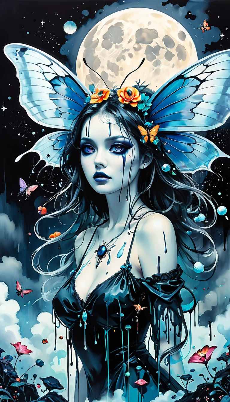 high resolution, high quality , masterpiece .Surrealist ink painting，Colorful, Elements of absurdity and depravity,Ross Chen (ross tran) style of，以燃烧的纸币For reference，Robbie Dewi Antono (Roby Dwi Antono) For reference, ,Moth,Target, mistake, Ghostly Entity Rises Into Neo-Traditional Ink-Dripping Sky, The chiaroscuro lighting enhances the symbolism of death,pill, A moon adorned with eyes that exude breath,Atmosphere. Dark horror style, Disturbing, Crazy Art Conspiracy,inauspicious.