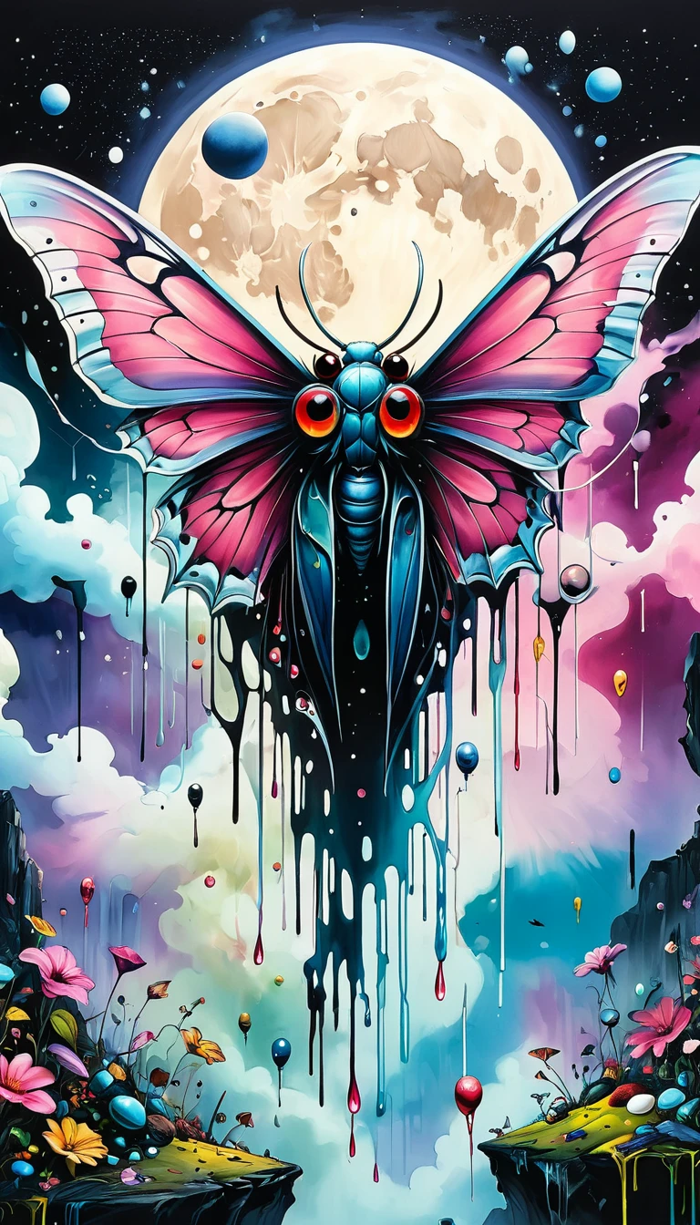 high resolution, high quality , masterpiece .Surrealist ink painting,Colorful, Elements of absurdity and depravity,Ross Chen (ross tran) style of,以燃烧的纸币For reference,Robbie Dewi Antono (Roby Dwi Antono) For reference, ,Moth,Target, mistake, Ghostly Entity Rises Into Neo-Traditional Ink-Dripping Sky, The chiaroscuro lighting enhances the symbolism of death,pill, A moon adorned with eyes that exude breath,Atmosphere. Dark horror style, Disturbing, Crazy Art Conspiracy,inauspicious.