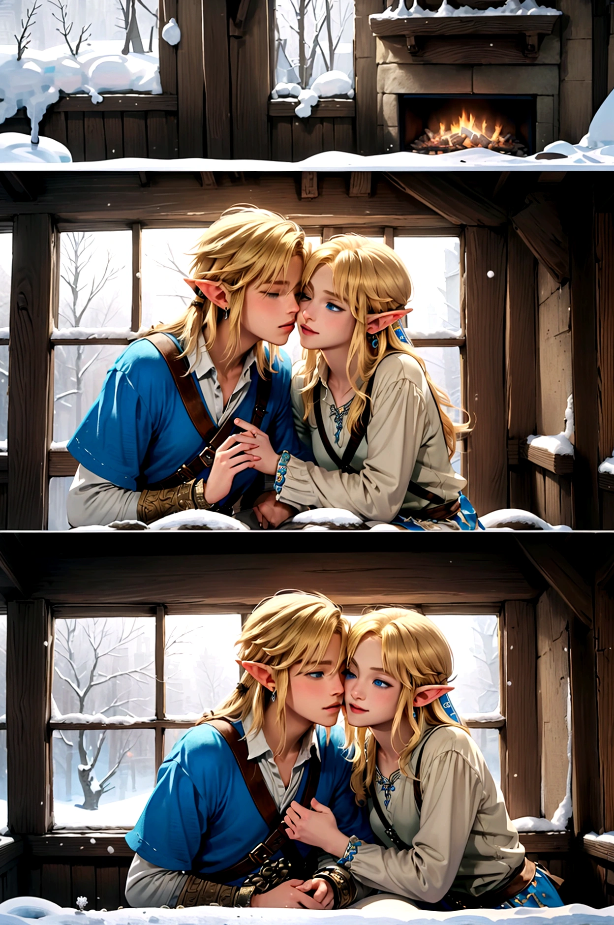 ((artwork)), (Highest quality), (detailed), ((1 boy)), (Link to the Legend of Zelda), smile, A short blonde, blue-eyed boy and a long-haired blonde girl are embracing each other in front of a fireplace、Snow outside the window、Embrace each other、kiss