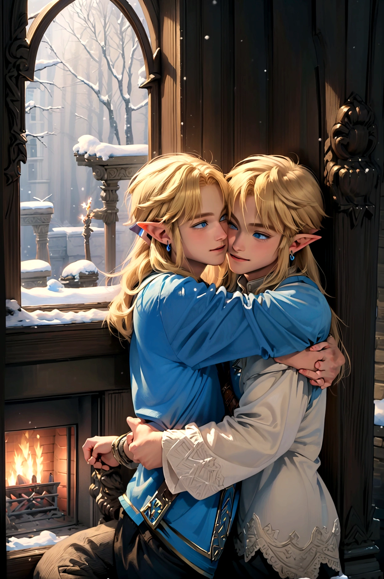 ((artwork)), (Highest quality), (detailed), ((1 boy)), (Link to the Legend of Zelda), smile, A short blonde, blue-eyed boy and a long-haired blonde girl are embracing each other in front of a fireplace、Snow outside the window、Embrace each other、kiss