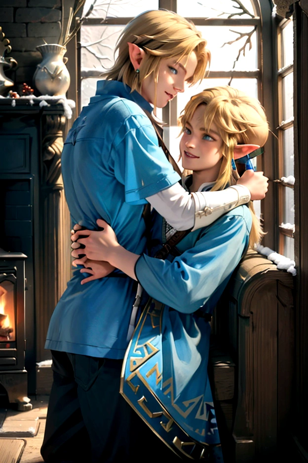 ((artwork)), (Highest quality), (detailed), ((1 boy)), (Link to the Legend of Zelda), smile, A short blonde, blue-eyed boy and a long-haired blonde girl are embracing each other in front of a fireplace、Snow outside the window、Embrace each other、kiss