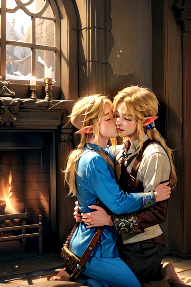 ((artwork)), (Highest quality), (detailed), ((1 boy)), (Link to the Legend of Zelda), smile, A short blonde, blue-eyed boy and a long-haired blonde girl are embracing each other in front of a fireplace、Snow outside the window、Embrace each other、kiss
