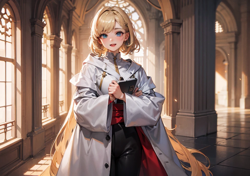 Realistic photos, Focus distance 10mm, A big smile, Curly blonde hair, Beautiful girl, Realistic photos, Focus distance 10mmで撮影, masterpiece, 最high quality, high quality, Very detailed CG 8k wallpaper unit, Award-winning photography, Bokeh, Depth of written boundary, High resolution, bloom, chromatic aberration, Realistic, Very detailed, Art Station Trends, CGsociety Trends, Complex, High detail, dramatic, Art on the go, volumetric lighting, Final Fantasy style beautiful girl、Blue Eyes、Blonde ponytail、Clergyman's robe、Bible in hand and orb of light、Cathedral in the background