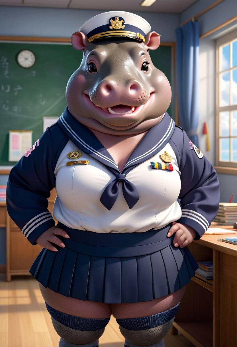 photorealistic portrait of Dressed animals-a ((fat)) (hippo) student,(furry), (elegant pose:1.5), (hands on hips:1.5),(smile:1.5),high quality,(),(lovely) ,intricate details, Wearing Japanese sailor uniform , (), highly detailed ((female sailor uniform)) ,highly detailed clothes, high sox , (happy), soft lighting,(full body image:2.0),in classroom background,clouds,score_9, score_8_up, score_7_up, score_6_up, score_5_up, score_4_up,