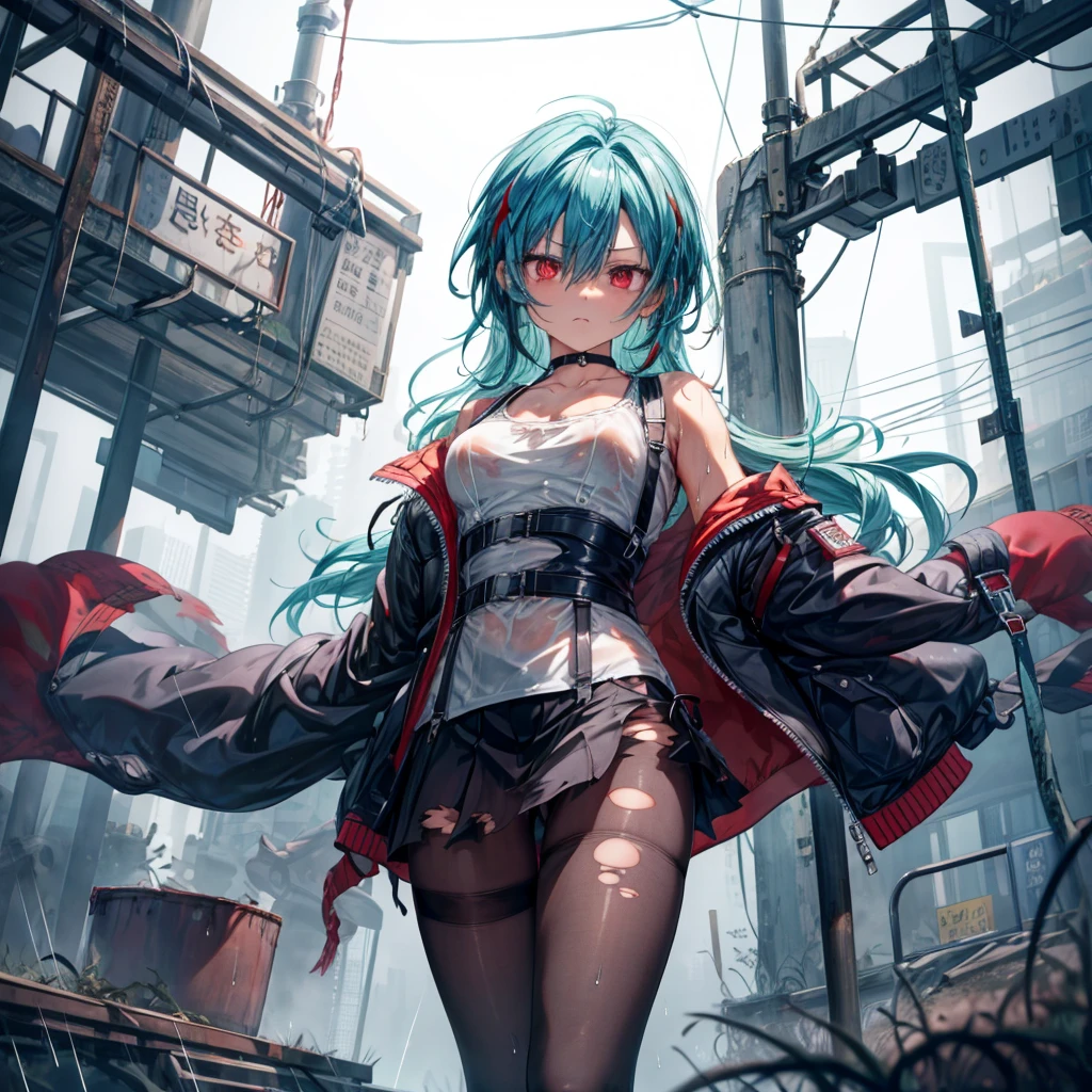 ((Highest quality)), ((masterpiece)), ((detailed)), (4K), 1girl, 独奏, long hair, indigoblue hair, red eyes, shirt, blackl eather jacket, large breasts, Torn miniskirt, suspender skirt, torn pantyhose, panties under pantyhose, choker, bracelet, (rain), ((wet)), gloves, see through, (expressionless), scowl, (from below), (looking down), looking at viewer, (open legs), wasteland, railroad tracks