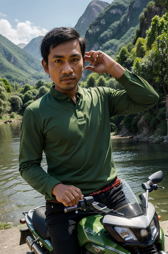 Caricature of a 35 year old Indonesian man,3D,
Wear a green shirt with short hair,4 year old woman riding a hijab on a Vario motorbike, mountain background,river,lake