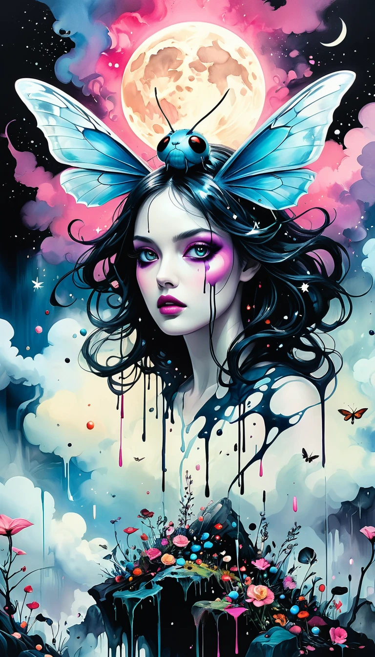 high resolution, high quality , masterpiece .Surrealist ink painting,Colorful, Elements of absurdity and depravity,Ross Chen (ross tran) style of,以燃烧的纸币For reference,Robbie Dewi Antono (Roby Dwi Antono) For reference, ,Moth,Target, mistake, Ghostly Entity Rises Into Neo-Traditional Ink-Dripping Sky, The chiaroscuro lighting enhances the symbolism of death,pill, A moon adorned with eyes that exude breath,Atmosphere. Dark horror style, Disturbing, Crazy Art Conspiracy,inauspicious.