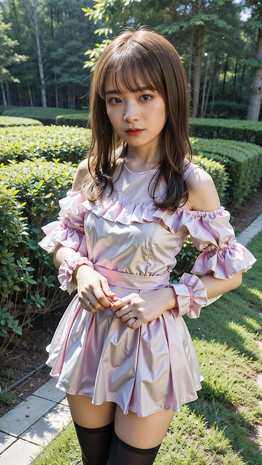 (8K、RAW Photos、Highest quality、masterpiece:1.2)、(Highest quality、Realistic)、1 Girl、((Frills、See-through、Off the shoulder、Idol Costume、tights、pink and black mini skirt、Thin legs、whole body、boots、garden、View from the front、Looking into the camera、ribbon、Stand with hands on hips))、cute