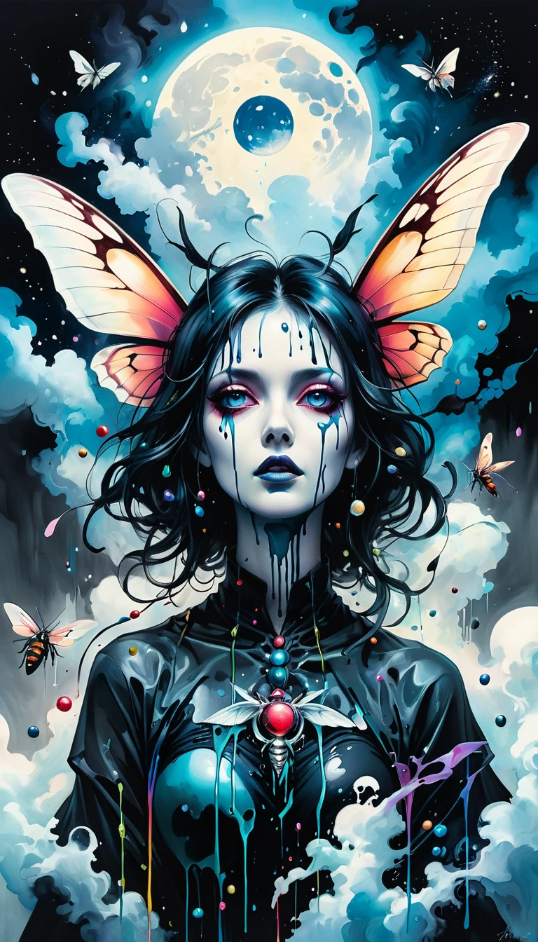 high resolution, high quality , masterpiece .Surrealist ink painting,Colorful, Elements of absurdity and depravity,Ross Chen (ross tran) style of,以燃烧的纸币For reference,Robbie Dewi Antono (Roby Dwi Antono) For reference, ,Moth,Target, mistake, Ghostly Entity Rises Into Neo-Traditional Ink-Dripping Sky, The chiaroscuro lighting enhances the symbolism of death,pill, A moon adorned with eyes that exude breath,Atmosphere. Dark horror style, Disturbing, Crazy Art Conspiracy,inauspicious.