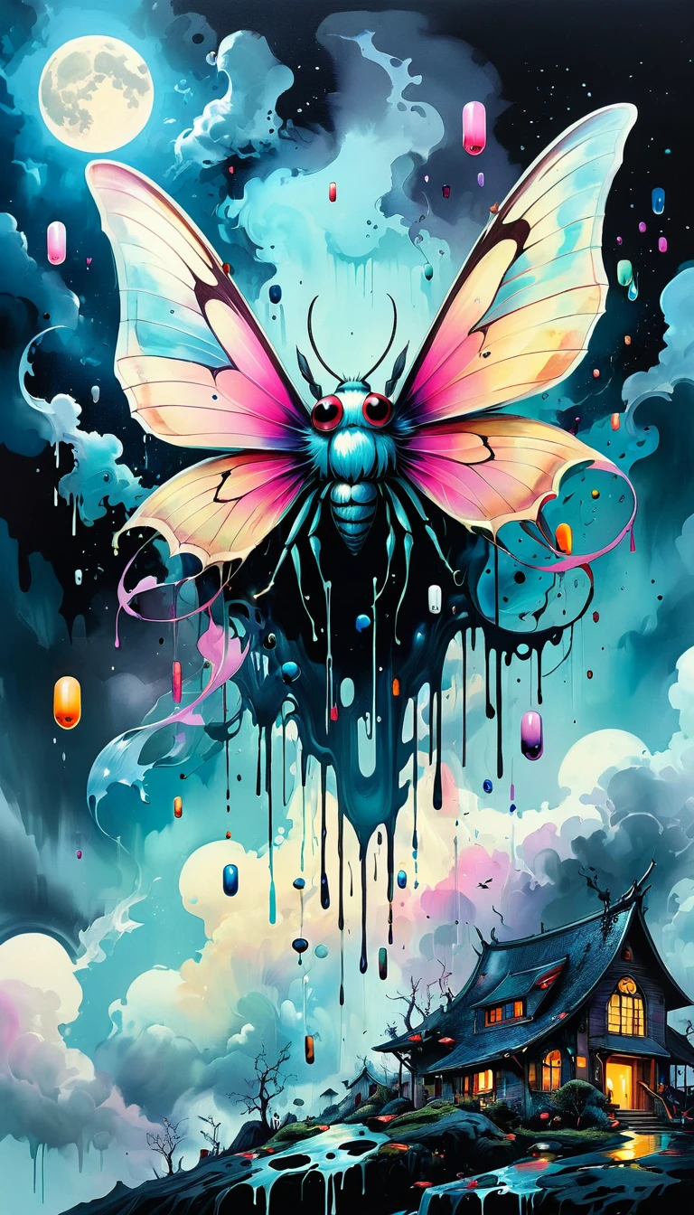 high resolution, high quality , masterpiece .Surrealist ink painting,Colorful, Elements of absurdity and depravity,Ross Chen (ross tran) style of,以燃烧的纸币For reference,Robbie Dewi Antono (Roby Dwi Antono) For reference, ,Moth,Target, mistake, Ghostly Entity Rises Into Neo-Traditional Ink-Dripping Sky, The chiaroscuro lighting enhances the symbolism of death,pill, A moon adorned with eyes that exude breath,Atmosphere. Dark horror style, Disturbing, Crazy Art Conspiracy,inauspicious.