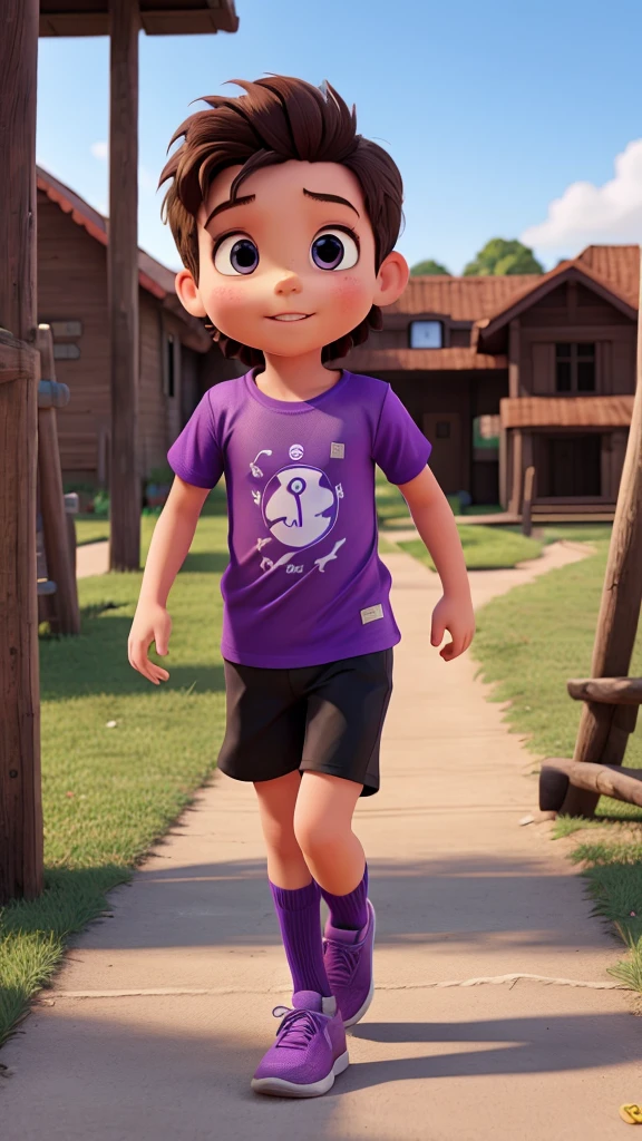 Children run on route with T-shirt purple