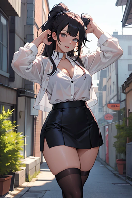 creates an anime girl with a short skirt with her hands up, 24 years old, wearing black stockings and a white blouse with a low neckline in a landscape of a luxurious apartment with wide hips and large breasts.