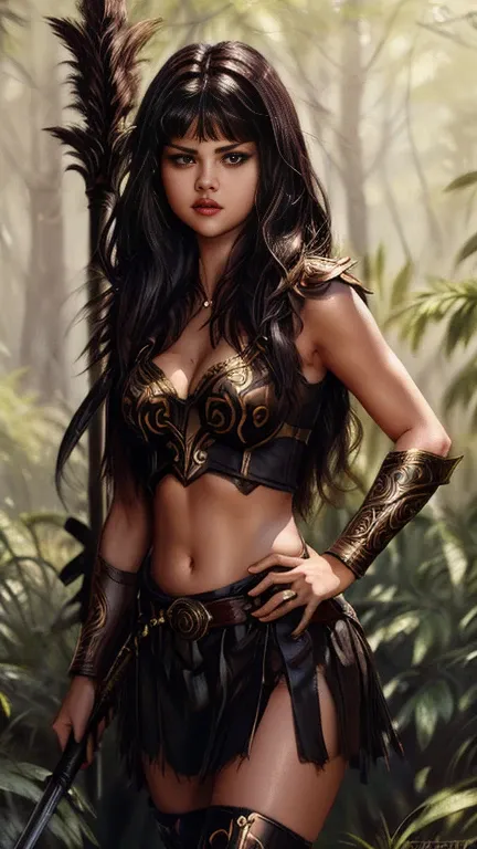 (selena gomez) as xena, warrior princess, black long hair, bangs, dark brown armor, golden patterns, midriff, navel, hihg knee b...