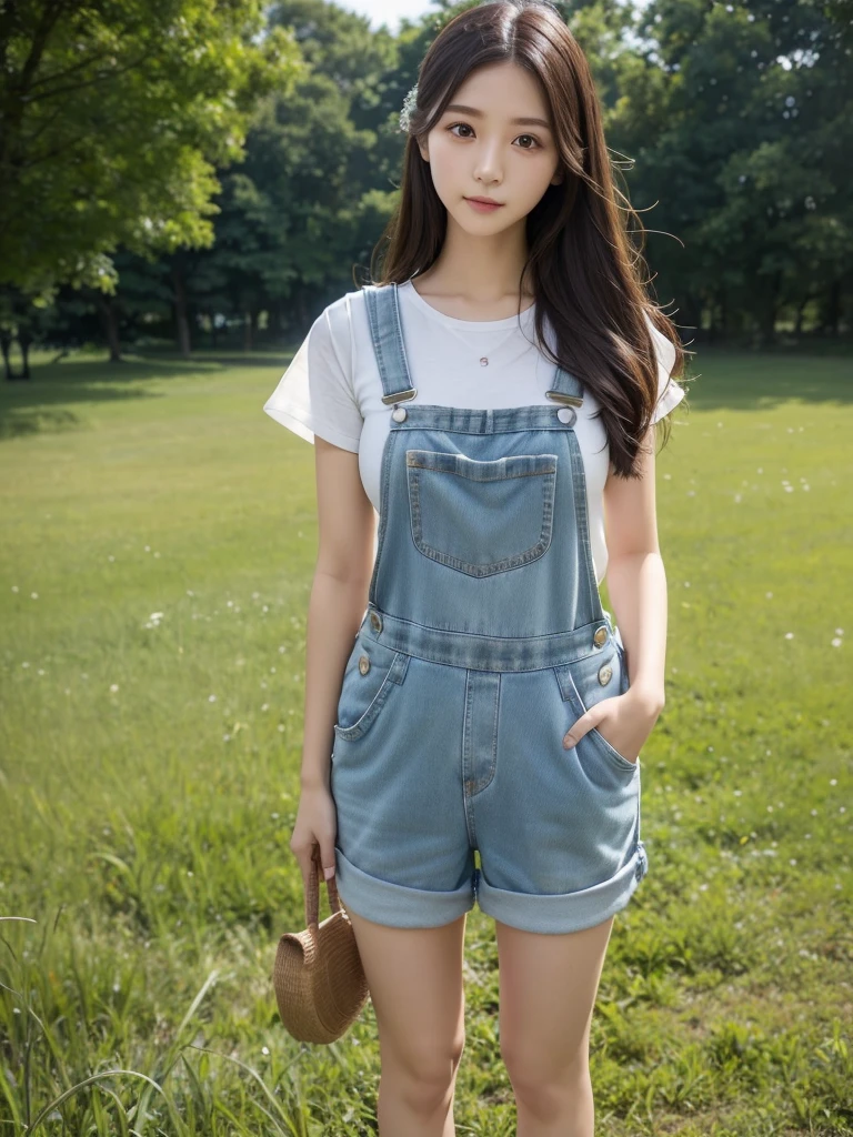 Chiffon overalls、Casual clothing、(Highest quality)、((Very detailed))、4K、(8K)、masterpiece、Very detailedな、Highest quality、Super Resolution、1 person、Kind Face、Soft Light、RAW quality、Soft Skin、163cm、30 years old、knees、grass