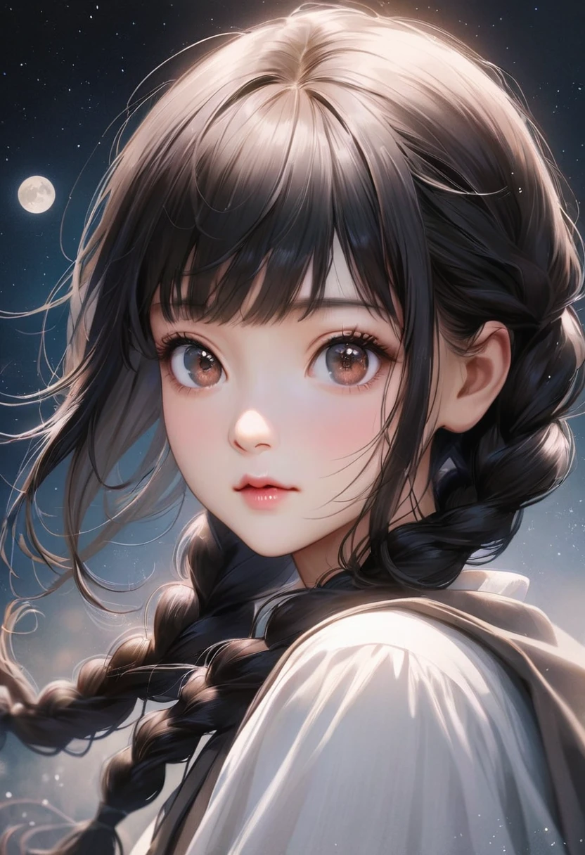 A beautiful woman with long hair wearing a white shirt, cute anime-style face, realistic anime girl, Chisato, black hair with bangs, Kurumi, cute and delicate face, young cute pale Asian face, Sakimichan, midday moon and stars in the sky, female, braid, The hair is braided, All hair braided into one braid, Braids draped over shoulders