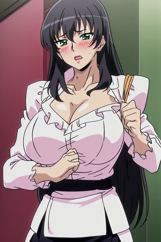 Morinoyuuko, wide, green eyes, big breasts, lipstick, white fabric sweater, black skirt, body average, 1 girl, Alone, pose that highlights the chest, blushing, Upper part of the body, moaning.