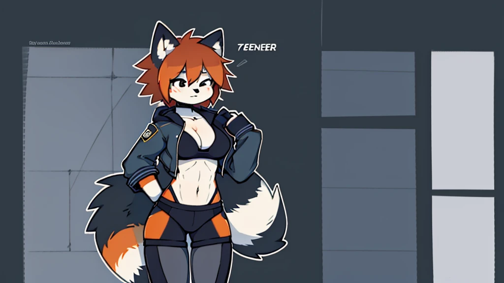 girl, red panda, furry, breasts, orange hair, disheveled, six pack, short hair, black eyes, black tights, gray winter jacket with details, alone