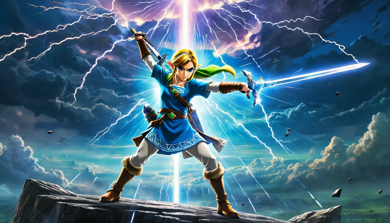 anime style, Zelda in the Triforce power, pointing mythical sword to viewer, iconic battle stance, swinging the sword, light-speed trail motion swing, cinematic motion, epic realism,  surrounded by thunderstorm, hit as nebula explosion