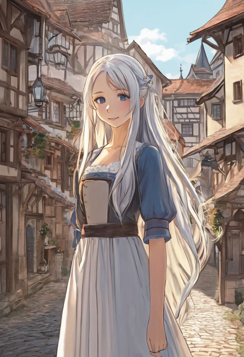 1girl, (anime coloring:1./2), perfect_anatomy, best quality, anime scene, otherworldly, downturned eyes, cool beauty, beautiful_hair, straight hair, white long hair, slim, slender, feminine, heartwarming smile, german clothes, standing, demacia city, Old town atmosphere, Medieval town, Traditional dress,