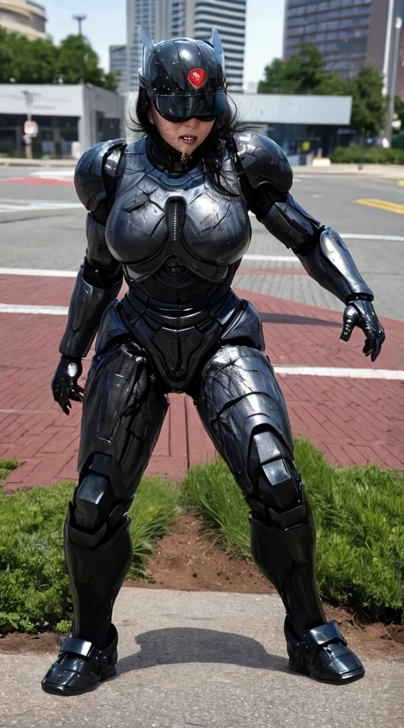 ((lie face up on the ground))((Full Body Shot))Middle-aged women Sweaty face、Black Weight Robot Suit、full black armor, Black Hair、Heavy Cyborg、Sweaty face、、Spread your legs、((Heavily damaged armor))、Open your mouth、、((Steam from the head.)) Sexy Eyes Cracks in the ground、bare hands The whole body is damaged、water from crotch