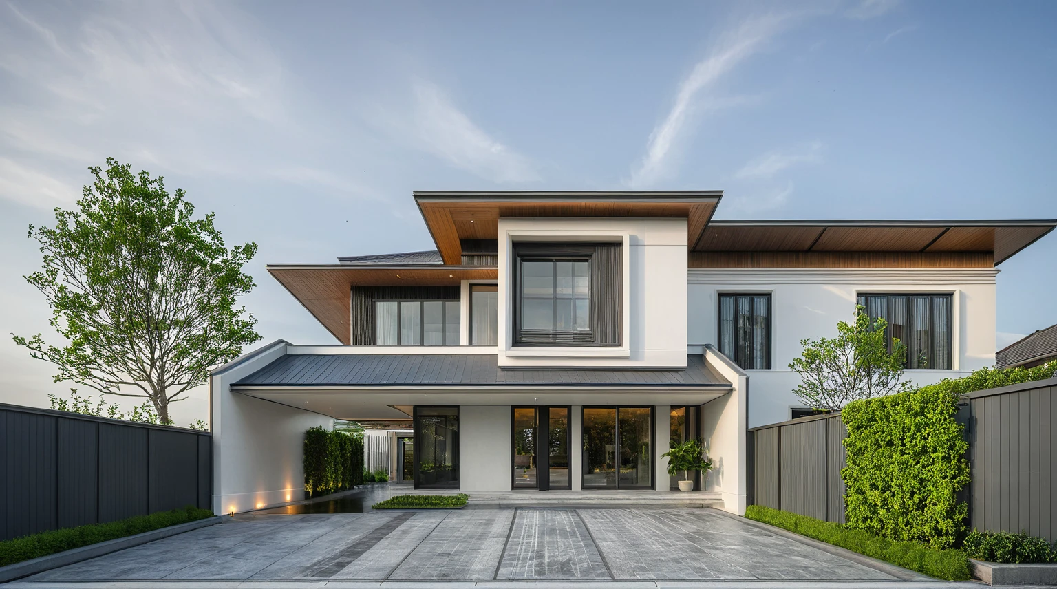 modern villa on street, (daylight), tropical tree, green shrub and plants, vivid color, streetcapes, minimalist design, brigth grey tone, large glass door, warm interior lighting, modern material, best quality, ultra realistic, masterpiece, 17ArchiAI_XL_VL-v1
