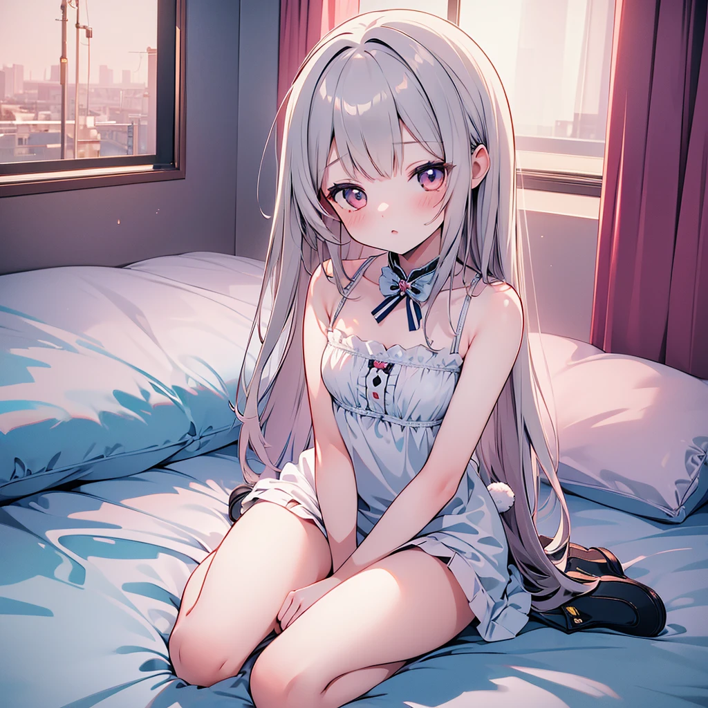 ((masterpiece)), ((Best Quality)), (Ultra-detailed), Anime style, Cute , 1girl in, Solo, 8k, sitting on the bed, young girl , flat chest, bare shoulders , rabbit girl 