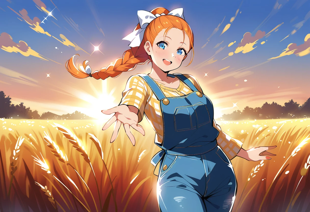 pewarnaan character, visual illustration, @ANN, aged up, 1girl, ponytail, braided ponytail, single braid, solo, (overalls), outdoors, sky, wheat, field, (blue overalls), smile, blue eyes, wheat field, looking at viewer, breasts, long sleeves, yellow shirt, orange hair, blonde hair, cowboy shot, collarbone, collared shirt, cleavage, denim, upper teeth only, medium breasts, forehead, standing, teeth, oversized clothes, long hair, partially unbuttoned, pants, oversized shirt, buttons, head tilt, flat chest, hair bow, white bow, tomboy, round teeth, plaid shirt, denim overalls, mature female, tall, tall female, slim body, freckles, twilight, cloudy sky, scenery, reaching, grass, floating braid, sunset, cloud, scenery, jeans, bow, hair ribbon, sparkle, sunbeam, light rays, highres, 4k, 8k, ann \(harvest moon\), ran \(bokujou monogatari\)