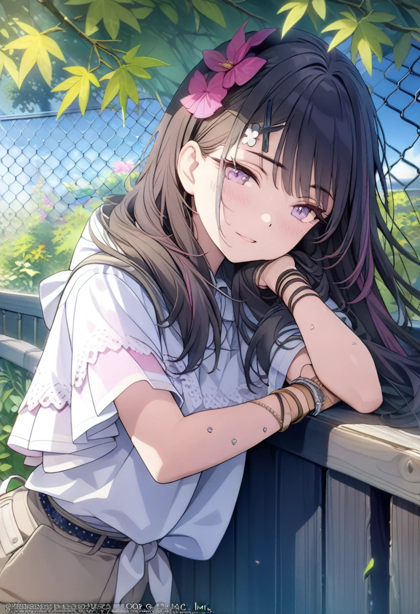 (Masterpiece, Superior quality, Best Quality, Official Art, beautiful and aesthetic:1.2),(8k, Best Quality, Masterpiece:1.2), (((Masterpiece))),(((Best Quality))),(((extremely detailed))),illustration, OMS, (Masterpiece, Superior quality, Best Quality, Official Art, beautiful and aesthetic:1.2),(8k, Best Quality, Masterpiece:1.2), (Masterpiece, Best Quality:1.3), beautiful girl, leaning on a fence, face ornament