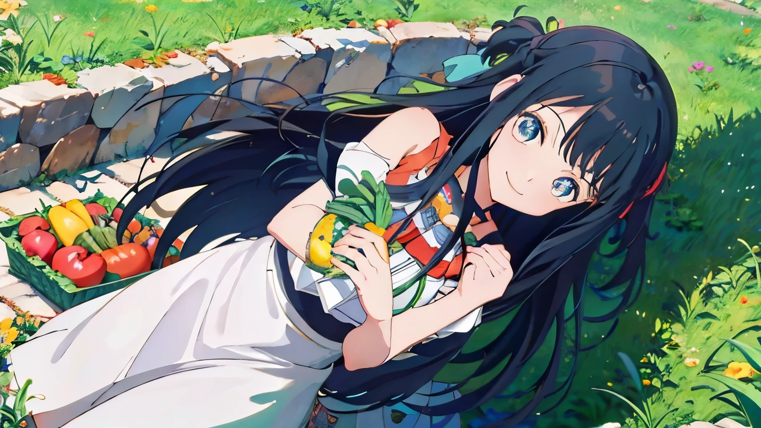 onodera kosaki, 
, serafuku, orange tie, light blue skirt, 
BREAK
masterpiece, best quality, highres, BREAK
,bored,old botanical garden daytime, , ruby theme, , eye level shot, hands on knees,, thighs