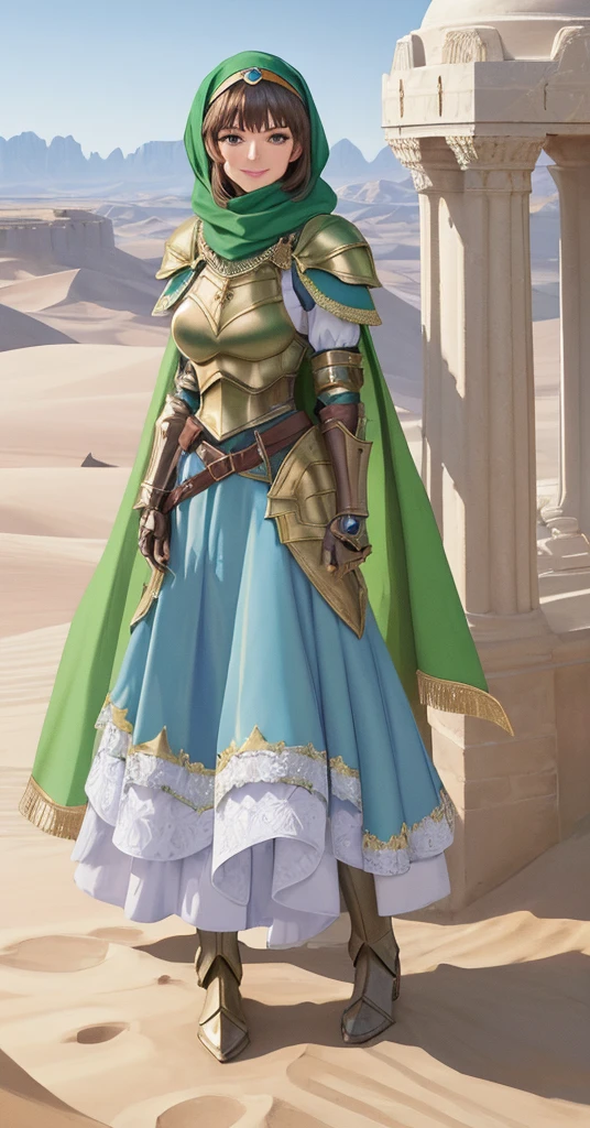 masterpiece, best quality:1.2), 1girl, smile, looking at viewer, green eyes, short brown hair, princess, armor, blue hijab headscarf, pauldrons, armored dress, green cloak cape, wearing puffy blue ballgown skirt, armored boots, fingerless gloves, standing in front of desert castle