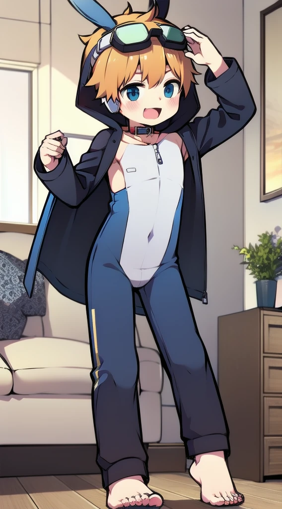 2D Shonen Shota,One-piece racing suit,Slim, healthy body,Put the headphones on your head,stand up,goggles,Rabbit ears,Happy,Sailor collar,tie,zipper,hood,Trench coat,living room