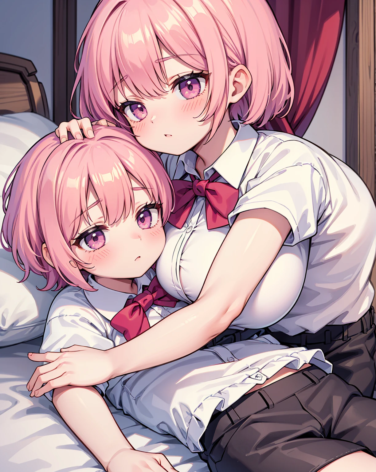 masterpiece, Highest quality, so beautiful, absurdists,High resolution,One girl, One boy,Cuddling in bed, like,sexly,Look at each one, blush,Age difference,bow tie,blondes,chest,Long Hair,Pink Hair,Tucked in shirt,short hair,skirt,Tent shirt,Slut,Big breasted sister and brother,Siblings,Trousers with bulging crotch,Pushing her big tits against her brother,My brother's penis erect in his trousers,My brother's small erect penis