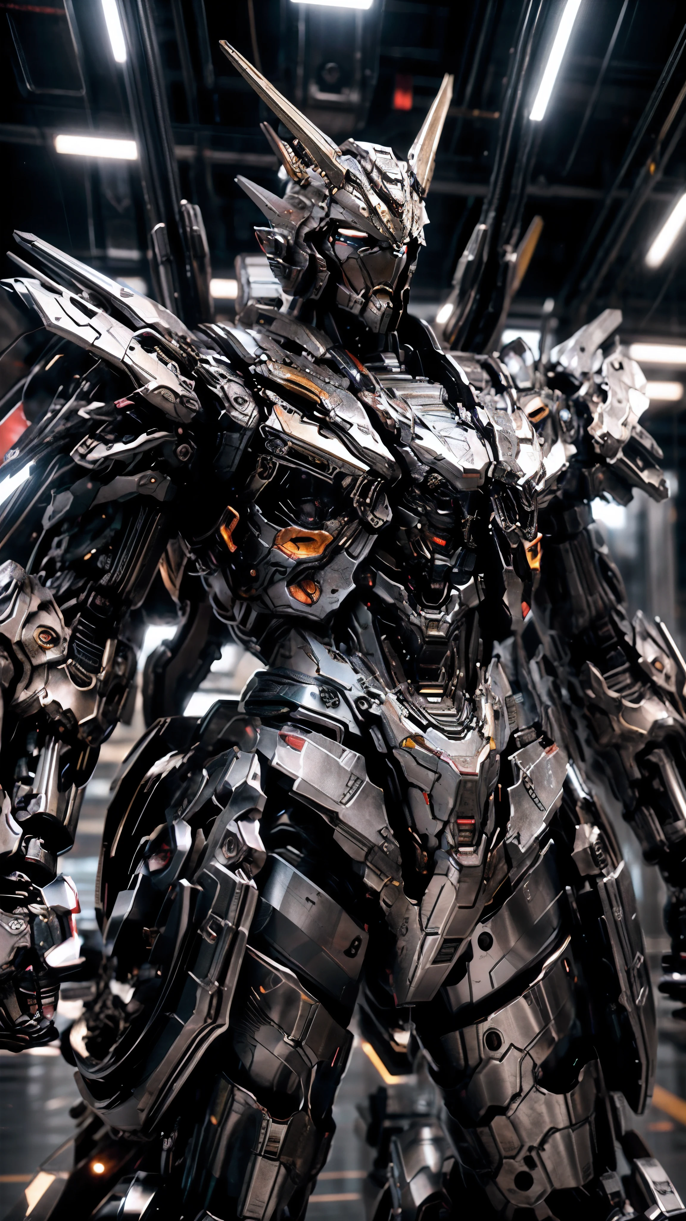 Barbatos gundam frame, facing forward with a flying pose, highly detailed mecha, intricate machinery, industrial aesthetic, sleek and streamlined design, metallic textures, futuristic technology, dynamic pose, dramatic lighting, muted color palette, cinematic atmosphere, (best quality,4k,8k,highres,masterpiece:1.2),ultra-detailed,(realistic,photorealistic,photo-realistic:1.37),concept art, digital painting