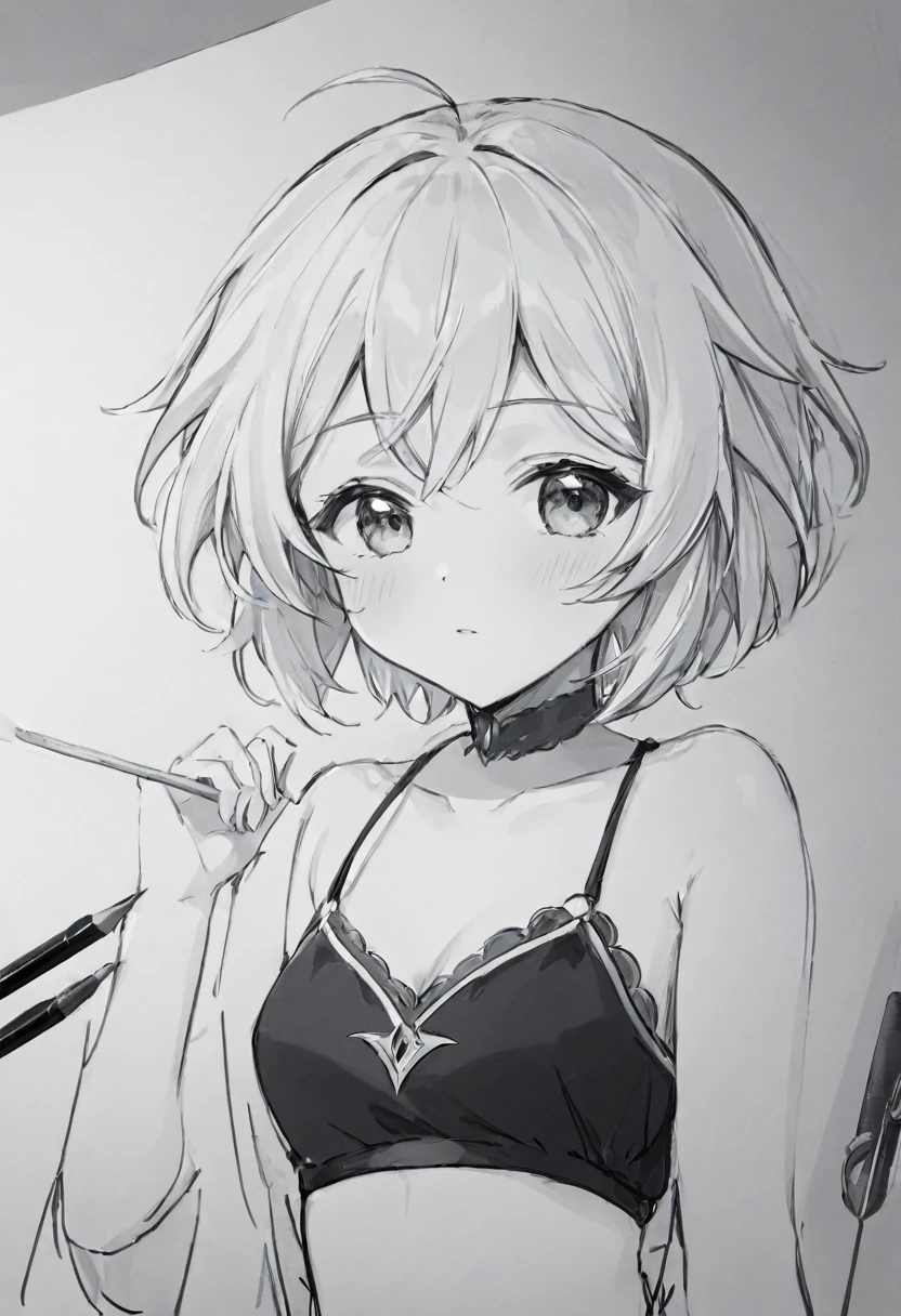 masterpiece,best quality, highly detailed,white background,,solo,furina (genshin impact),anime,sketch,,((monochrome)),camisole,lying,embarrassed,blush