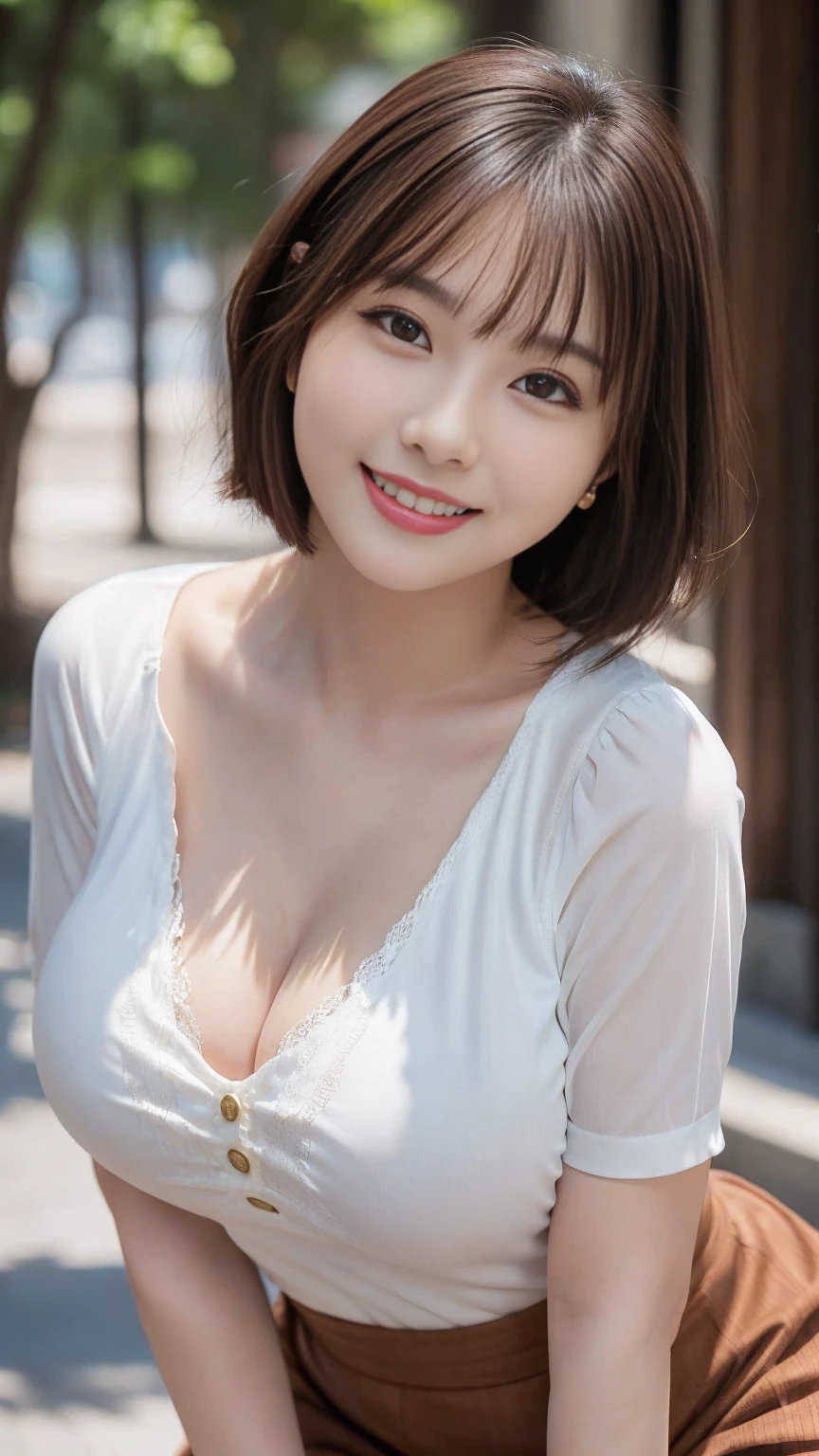 Highest quality, masterpiece, Ultra-high resolution, (Realistic:1.4), Beautiful woman, ((Big Breasts:1.3)), (((Short Bob))), (((Brown ash))), Beautiful Skin, Fine skin, 魅惑的なsmile, Background blur, smile, Hair over the ears, beautiful girl, Fair skin, Voluptuous, Plump body, ,White blouse with collar, Tight Skirt